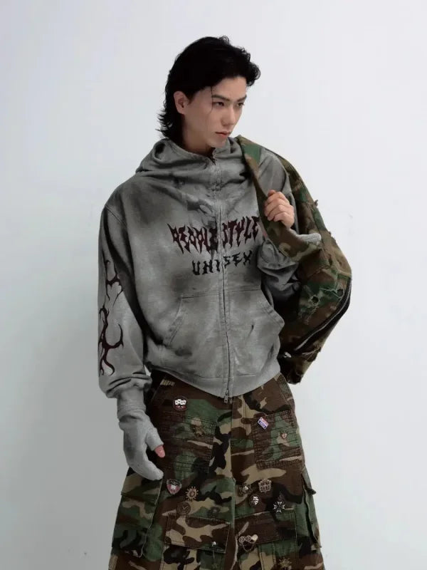 Camouflage-patterned outfit featuring a Destructive Stained Face mask hoodie for urban style