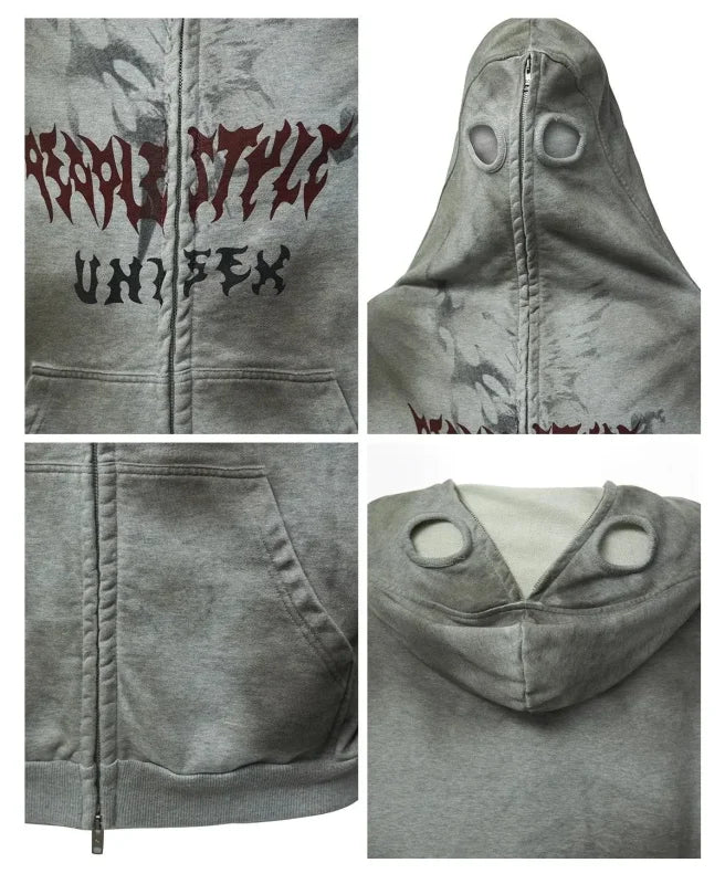 Gray hoodie with eye holes from the Destructive Stained Face collection, perfect urban edge