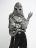 Hooded gray sweatshirt with dark accents and built-in stained face for urban style