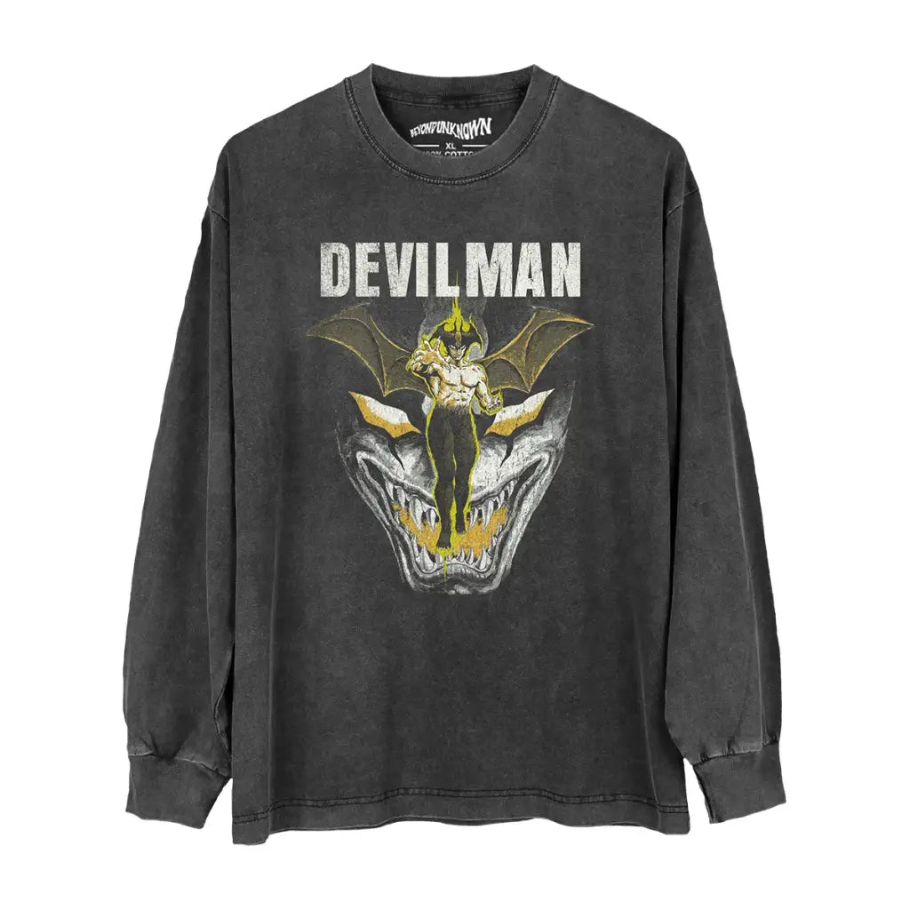 Devilman Anime Tee Go Nagai Classic Horror Manga Graphic Shirt | Washed Black Gray Long Sleeve / s | Streetwear