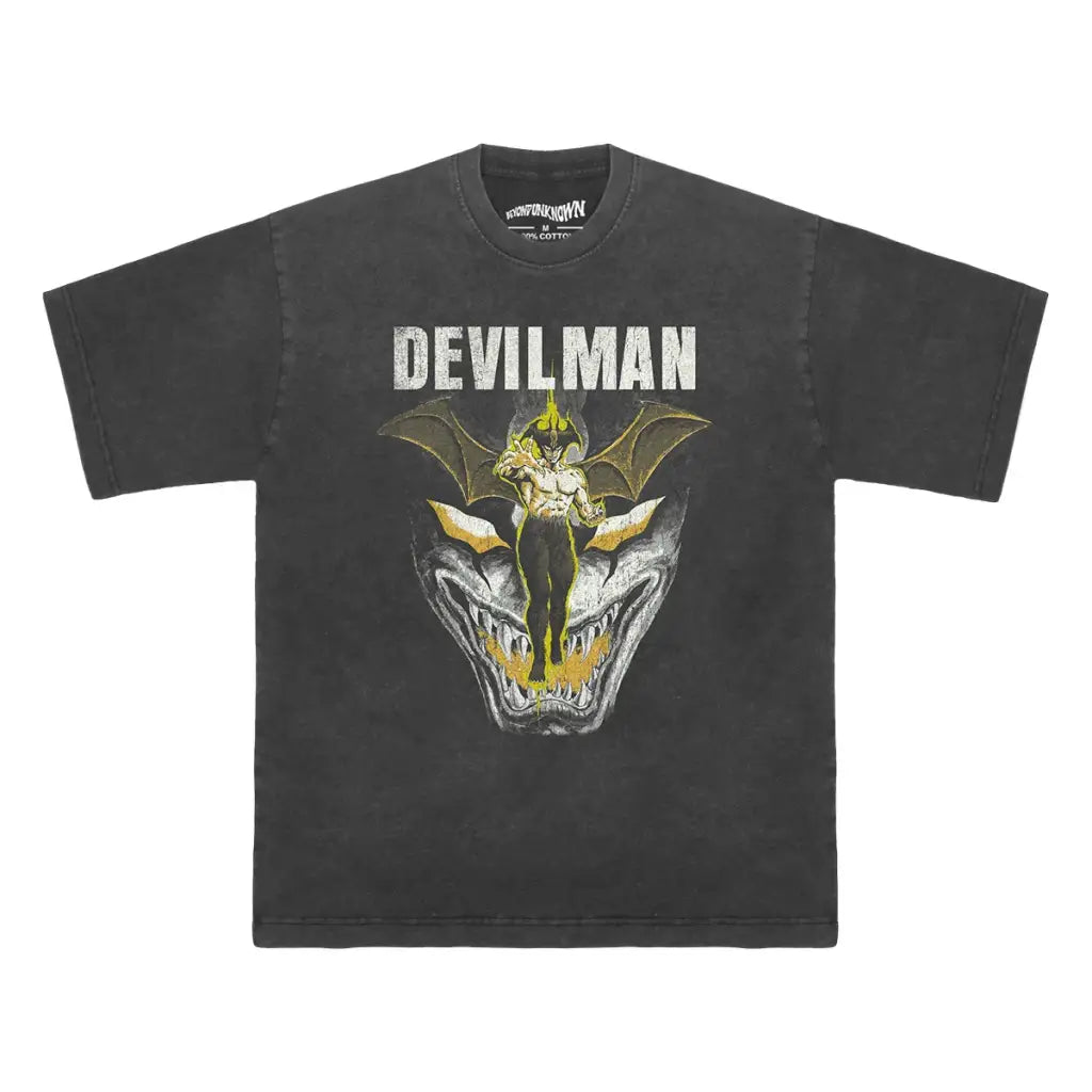 Devilman Anime Tee Go Nagai Classic Horror Manga Graphic Shirt | Washed Black Gray / s | Streetwear