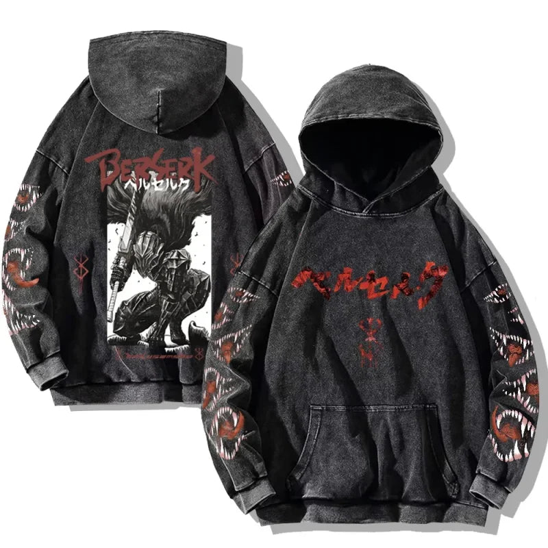 Distressed Berserk anime hoodie for Japanese streetwear fans in graphic tee style