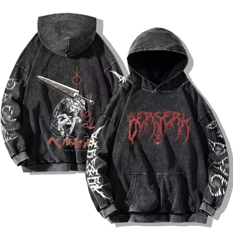 Distressed gray Berserk hoodie for anime fans in stylish Japanese streetwear