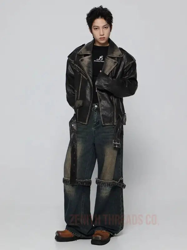 Black leather motorcycle jacket paired with distressed wide-leg jeans and brown boots.