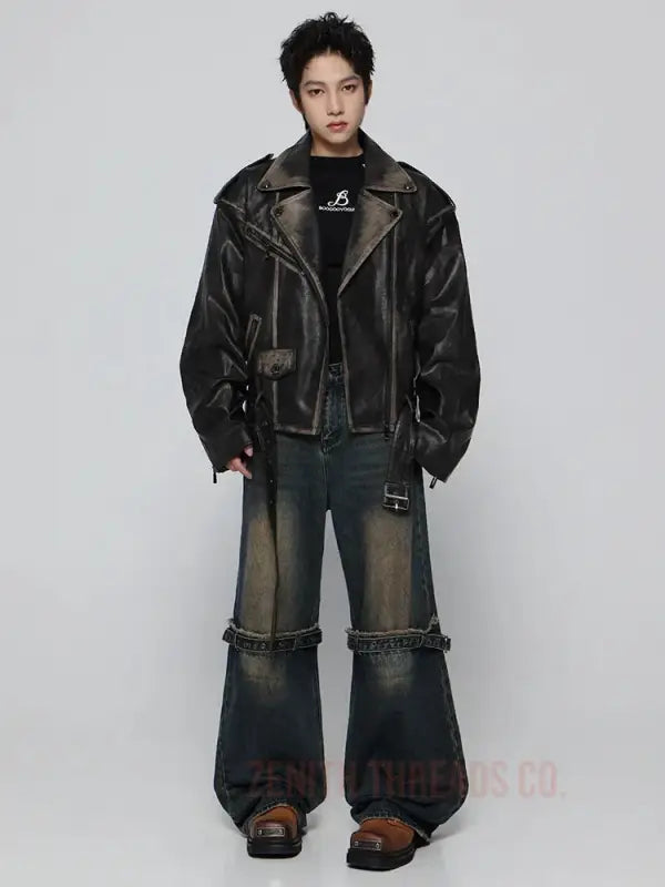 Black leather motorcycle jacket paired with wide-leg distressed denim jeans.