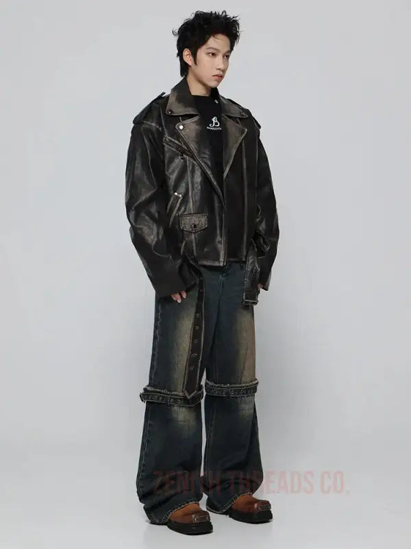 Black leather motorcycle jacket paired with wide-leg distressed jeans.