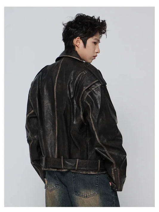 Vintage-inspired distressed black leather moto jacket showcasing a stylish design