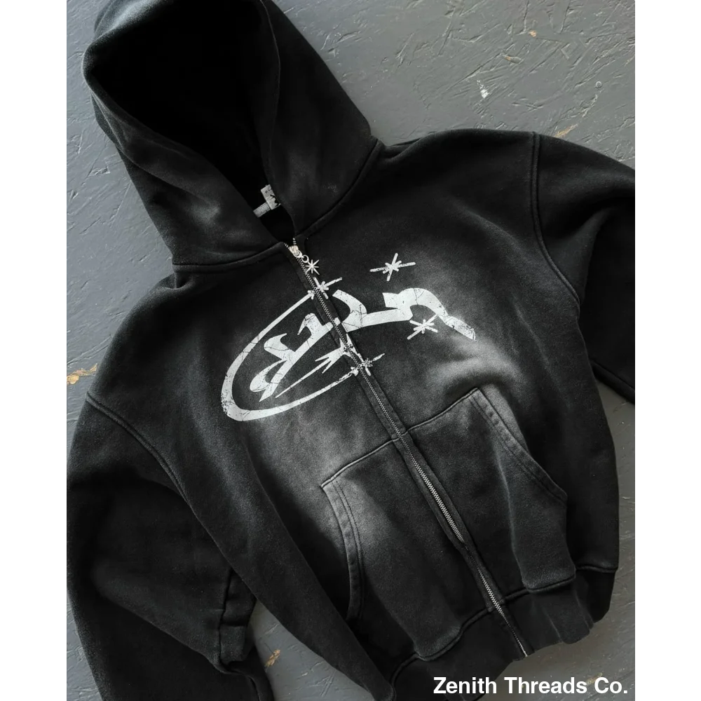 Divin Vintage Washed Jacket Y2K Zipper Hoodie - Black & White with Graphic / M - hoodie