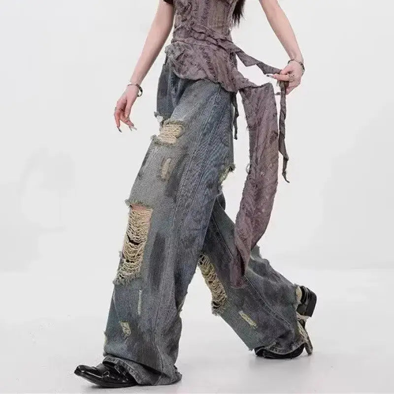 Vintage Ripped Wide-leg Jeans – Washed Indigo | Streetwear
