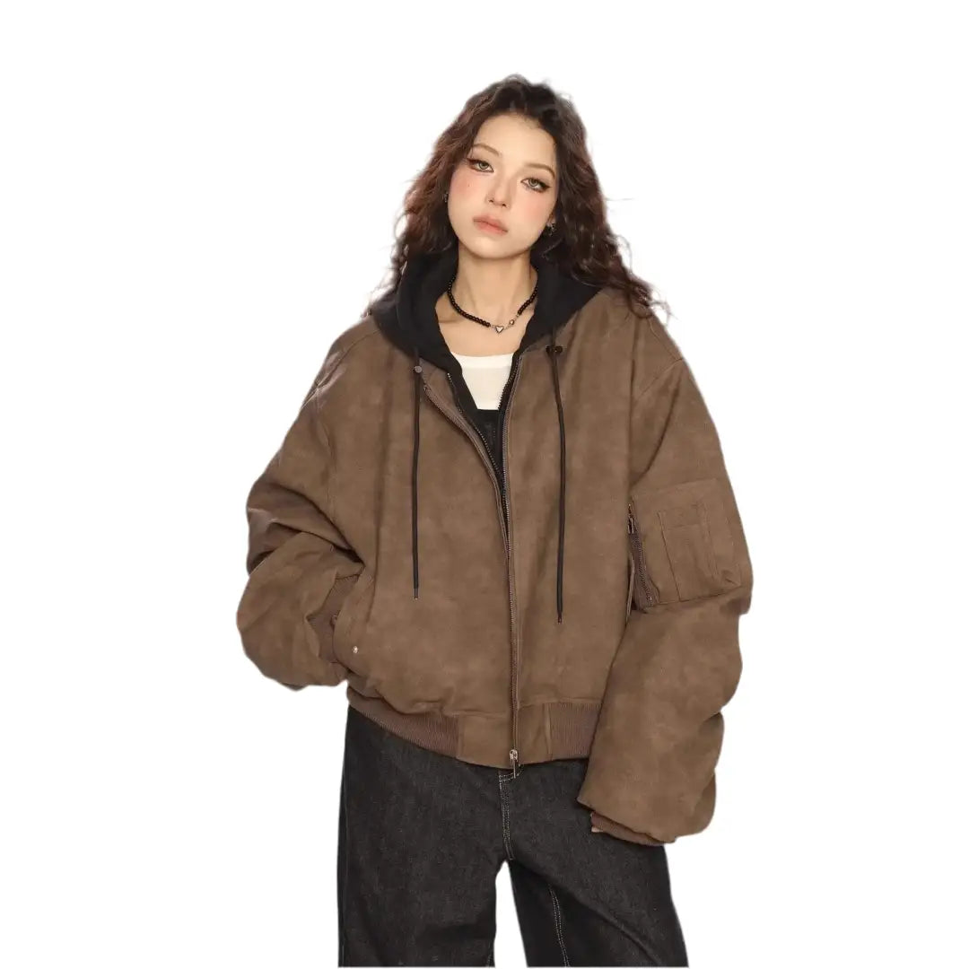 Double Layer Oversized Hooded Jacket – Urban Gray & Earth Brown