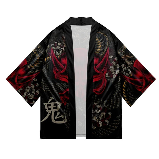 Black kimono with red and white floral and snake design, traditional clothing for anime fans