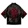 Black kimono featuring red demon mask and snake design, ideal traditional clothing for anime fans