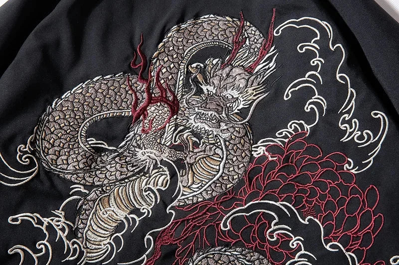 Embroidered dragon design on a Japanese streetwear bomber jacket inspired by anime