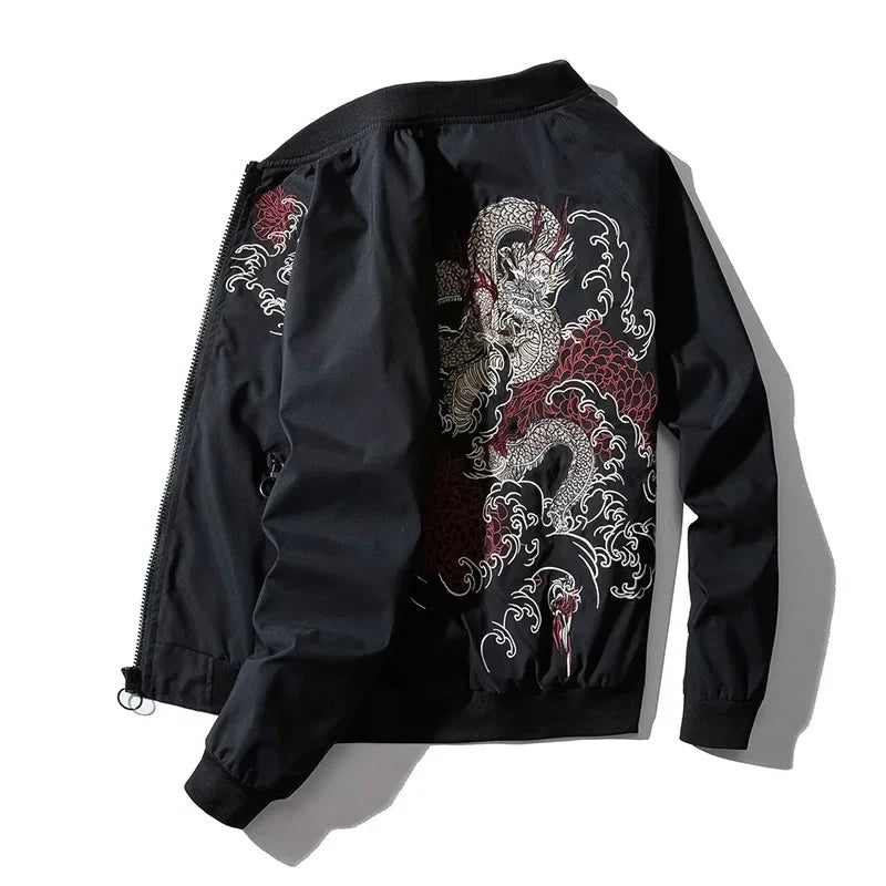 Black bomber jacket featuring dragon embroidery, perfect for Japanese streetwear and anime fans