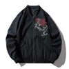 Black bomber jacket with floral embroidery, perfect for Japanese streetwear and anime fans