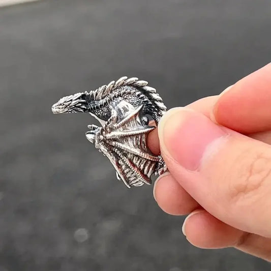 Silver Gothic Dragon Ring showcasing intricate wing design for a medieval aesthetic