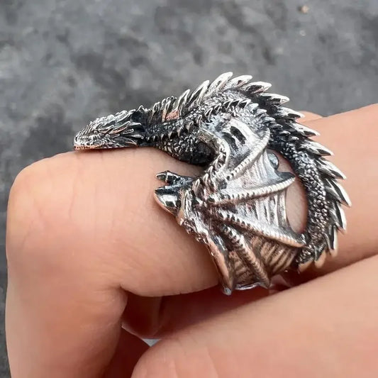 Silver Gothic Dragon Ring featuring intricate dragon wing design for a medieval allure