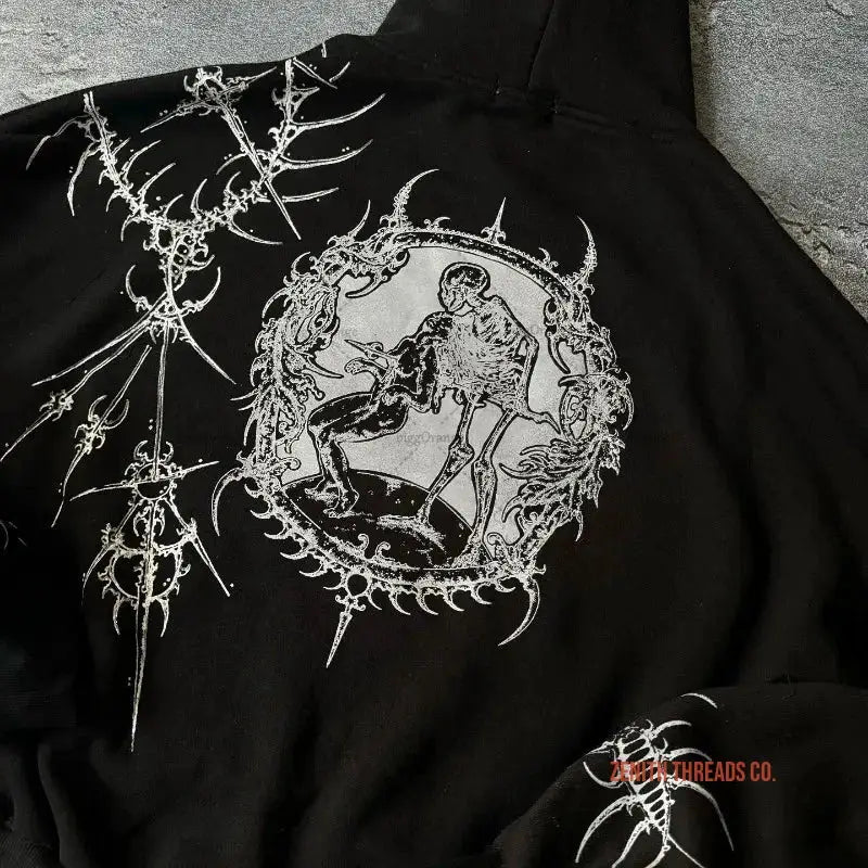 Black t-shirt with white gothic skeleton artwork featuring ornate circular design.