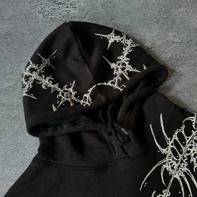 Black Eclipse Revenant hoodie featuring a striking white skeletal design for urban style