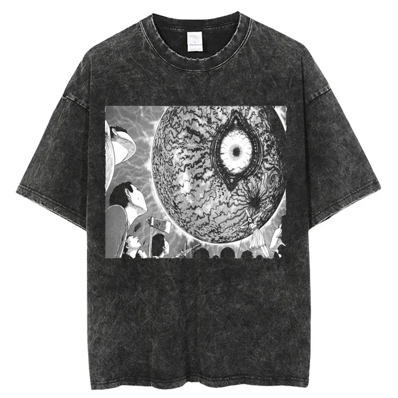 Gray graphic tee featuring edgy anime design for Japanese streetwear enthusiasts