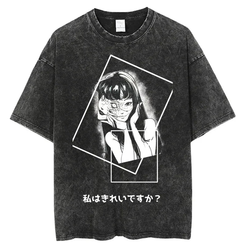 Distressed black graphic tee for anime lovers embracing Japanese streetwear aesthetics