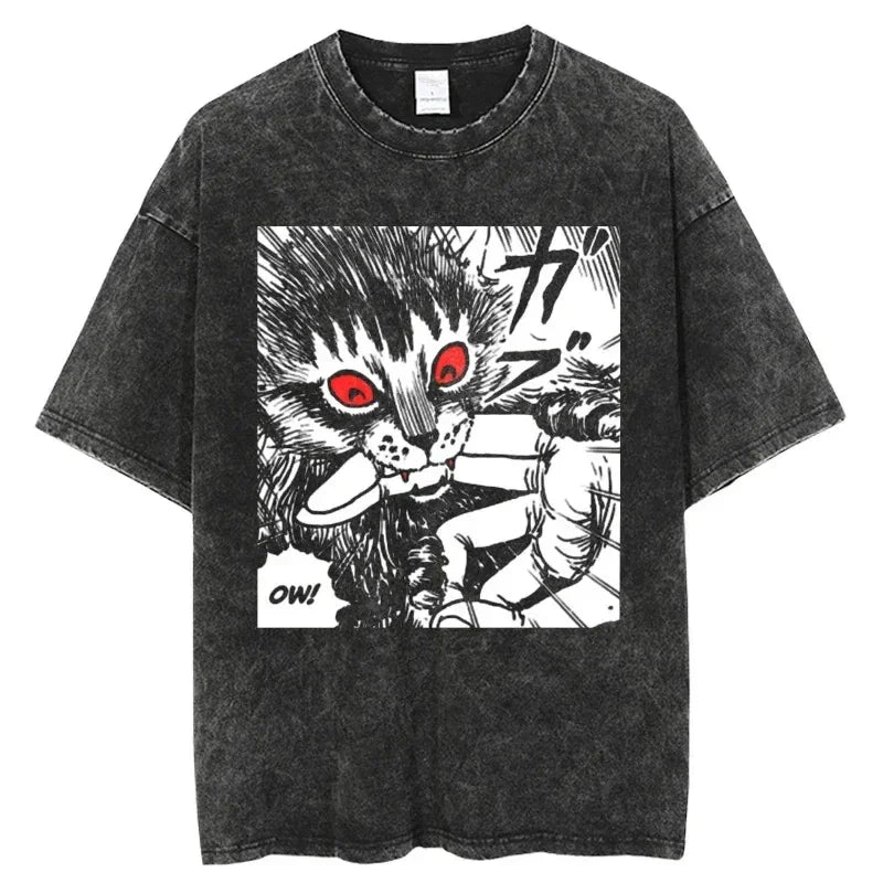 Gray graphic tee featuring a manga cat design for Japanese streetwear and anime lovers