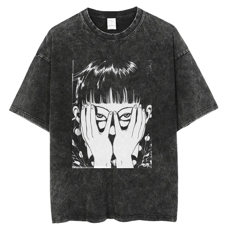 Gray graphic tee featuring edgy anime design for Japanese streetwear enthusiasts