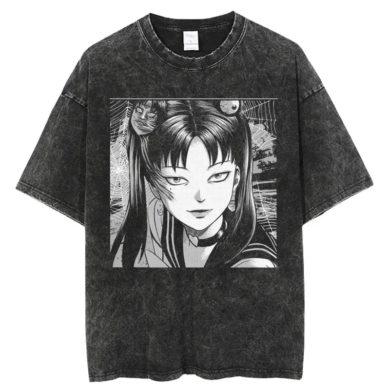 Acid-washed graphic tee showcasing edgy anime design for Japanese streetwear enthusiasts