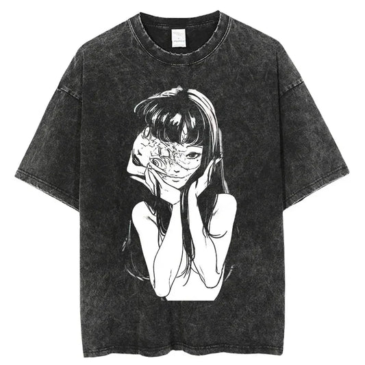 Gray t-shirt featuring anime girl graphic, ideal for Japanese streetwear enthusiasts