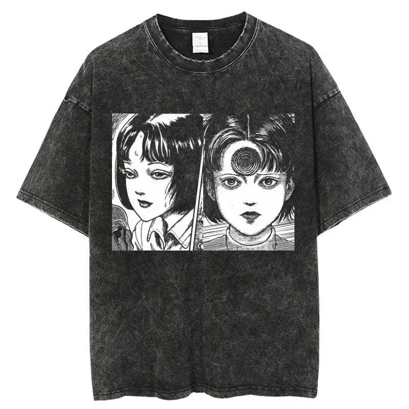 Gray graphic tee featuring manga print, perfect for Japanese streetwear and anime fans