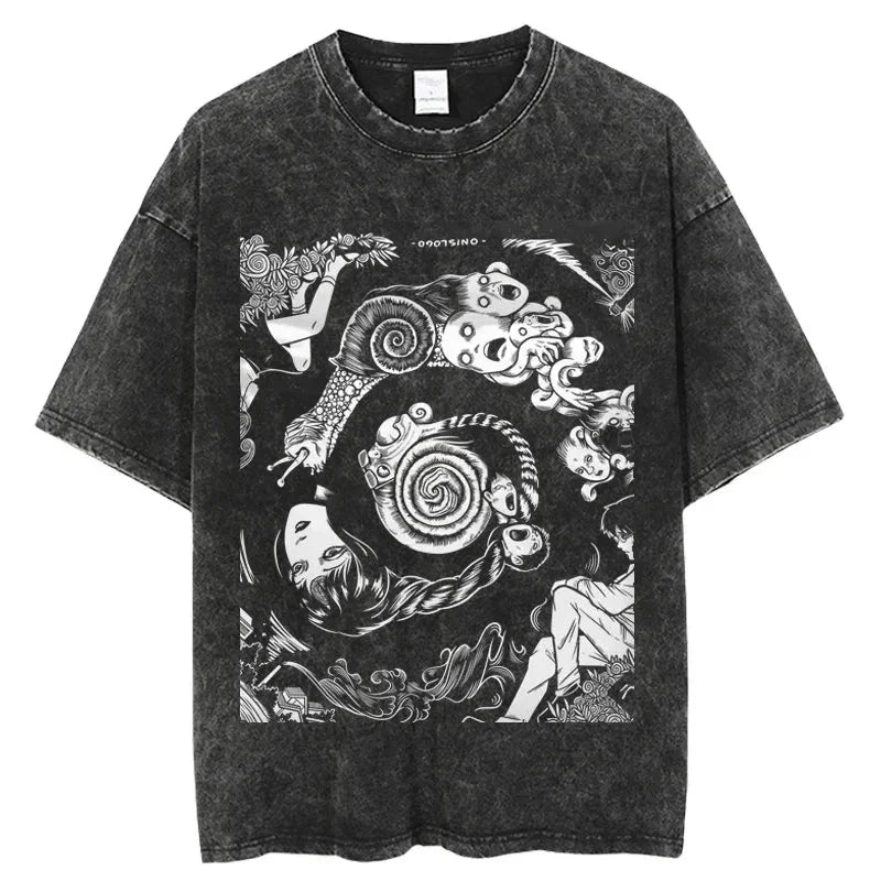 Gray graphic tee showcasing edgy anime design for Japanese streetwear enthusiasts