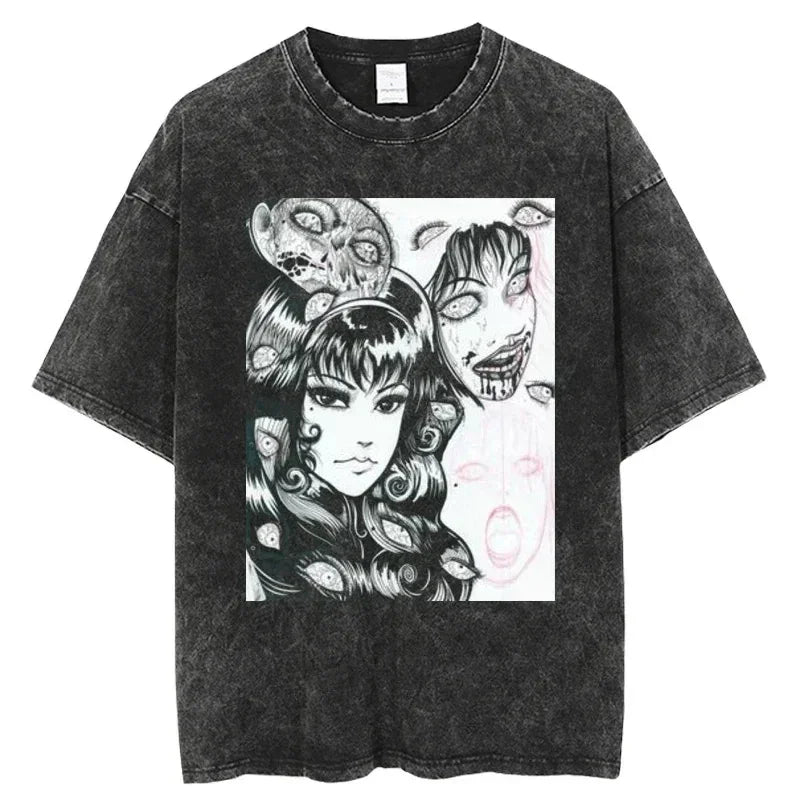 Distressed black graphic tee featuring horror design for Japanese streetwear and anime fans