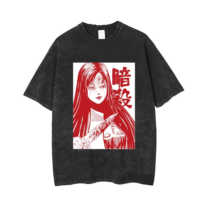 Distressed black graphic tee featuring red manga for Japanese streetwear enthusiasts