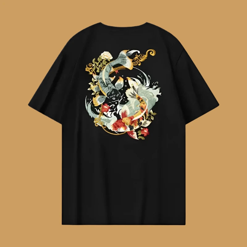 Embroidered Koi Japanese Tee | Black / m