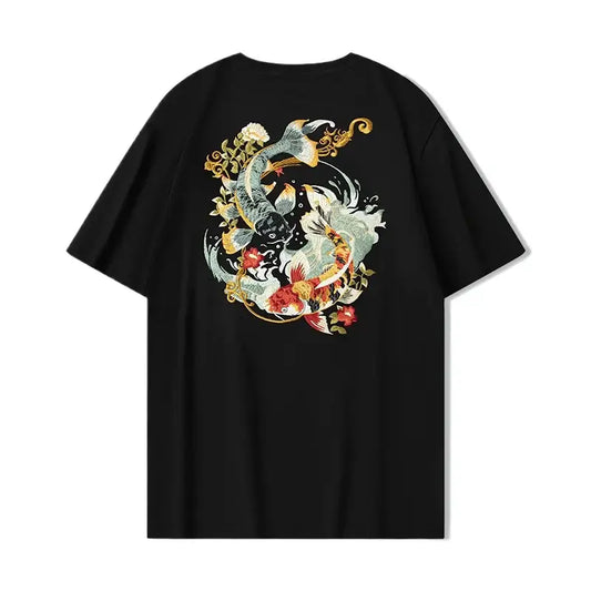 Embroidered Koi Japanese Tee | Black / m | Streetwear