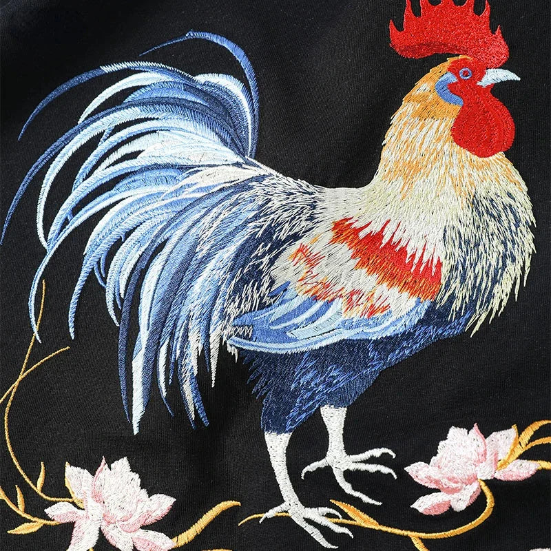 Embroidered rooster graphic with floral accents on Japanese Streetwear T-Shirt