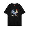 Black t-shirt featuring intricate rooster embroidery, embodying traditional Japanese symbolism