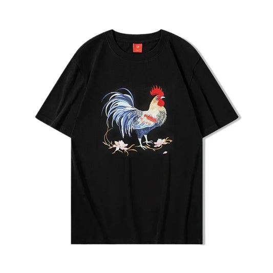 Black t-shirt featuring intricate rooster embroidery, embodying traditional Japanese symbolism