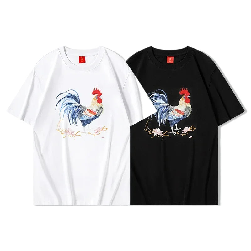 Embroidered Rooster T-Shirt featuring intricate rooster embroidery and traditional Japanese symbolism