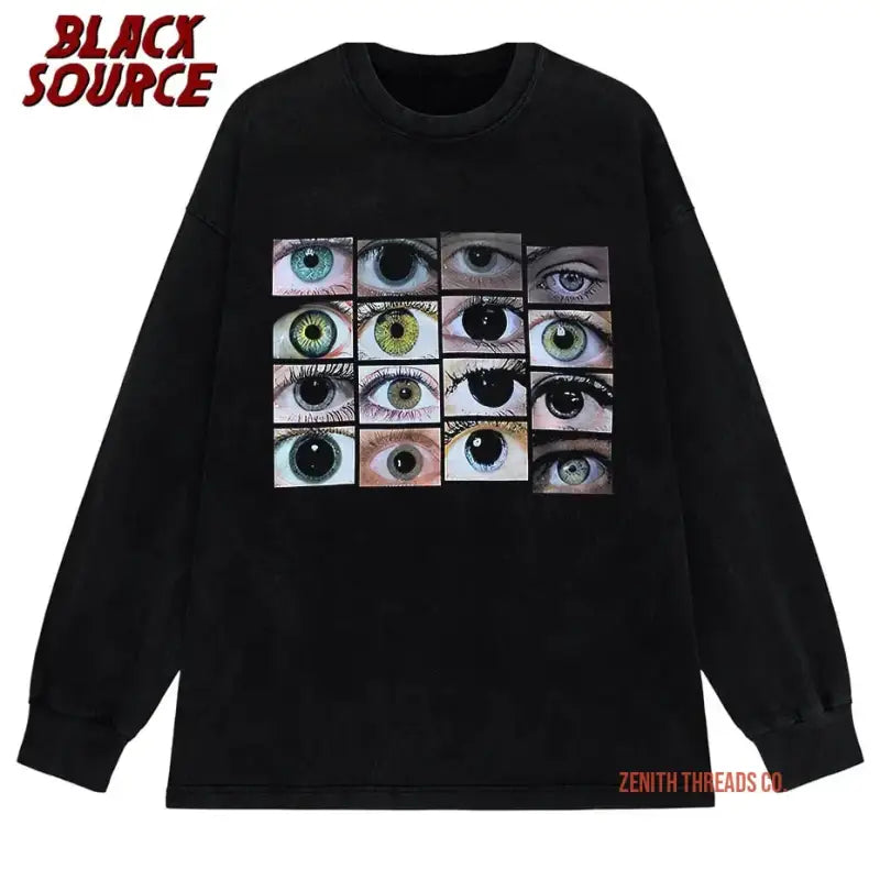 Black long-sleeve shirt featuring a grid of different colored eyes printed on the front.