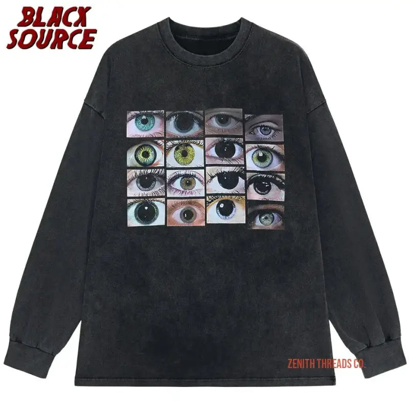 Black long-sleeve t-shirt featuring a grid of different colored eyes printed on the front.