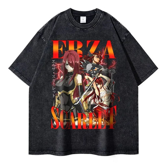 Black Fairy Tail t-shirt featuring an anime character print in vintage washed style