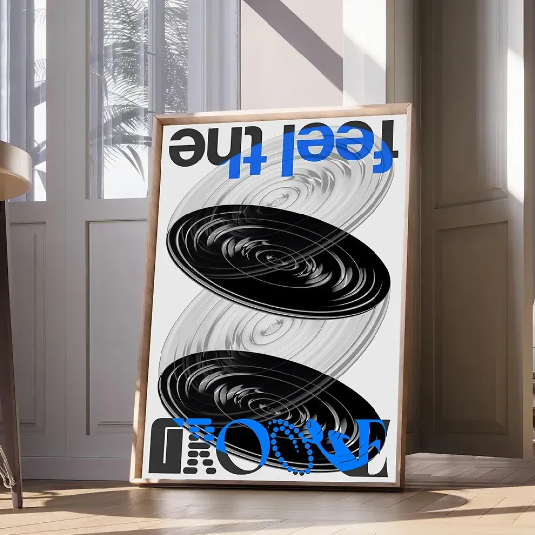 Feel the Groove – Psychedelic Optical Poster (unframed Canvas) | Black / Blue / White / 20x30cm Unframed | Posters