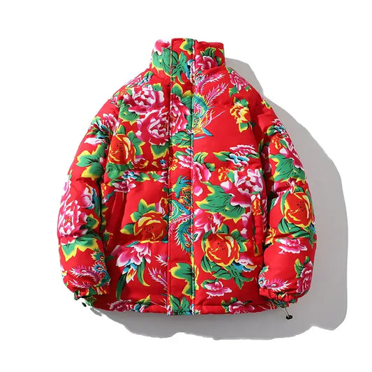 Floraveil Japanese Streetwear Puffer | Crimson Bloom / l