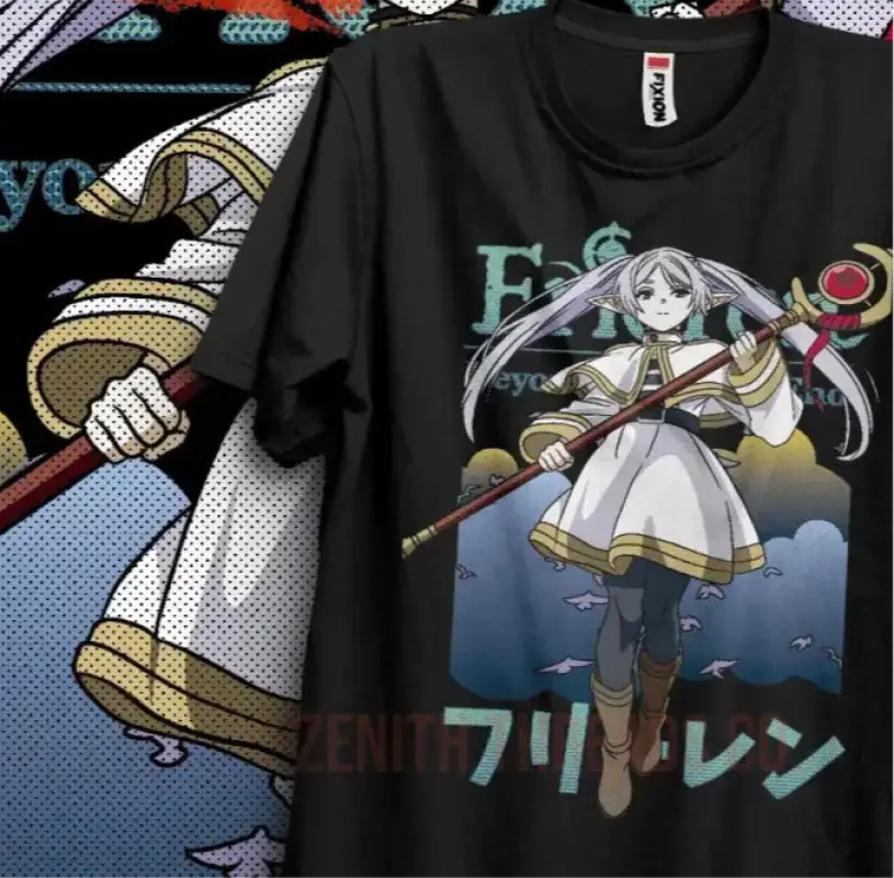 Black t-shirt featuring an anime-style character design with Japanese text and a staff weapon.