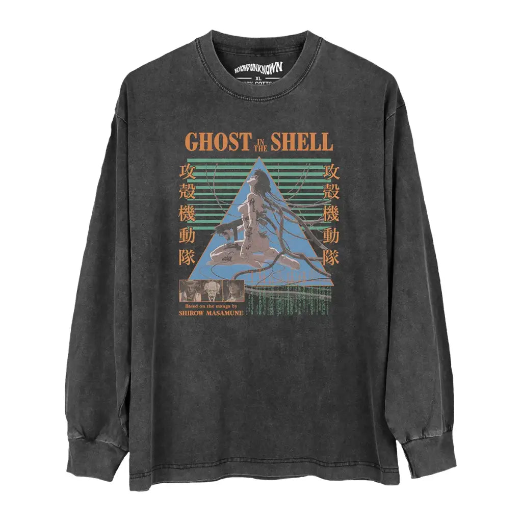 Ghost in the Shell Anime Tee Cyberpunk Classic Graphic Shirt | Washed Black Gray Long Sleeve / s | Streetwear