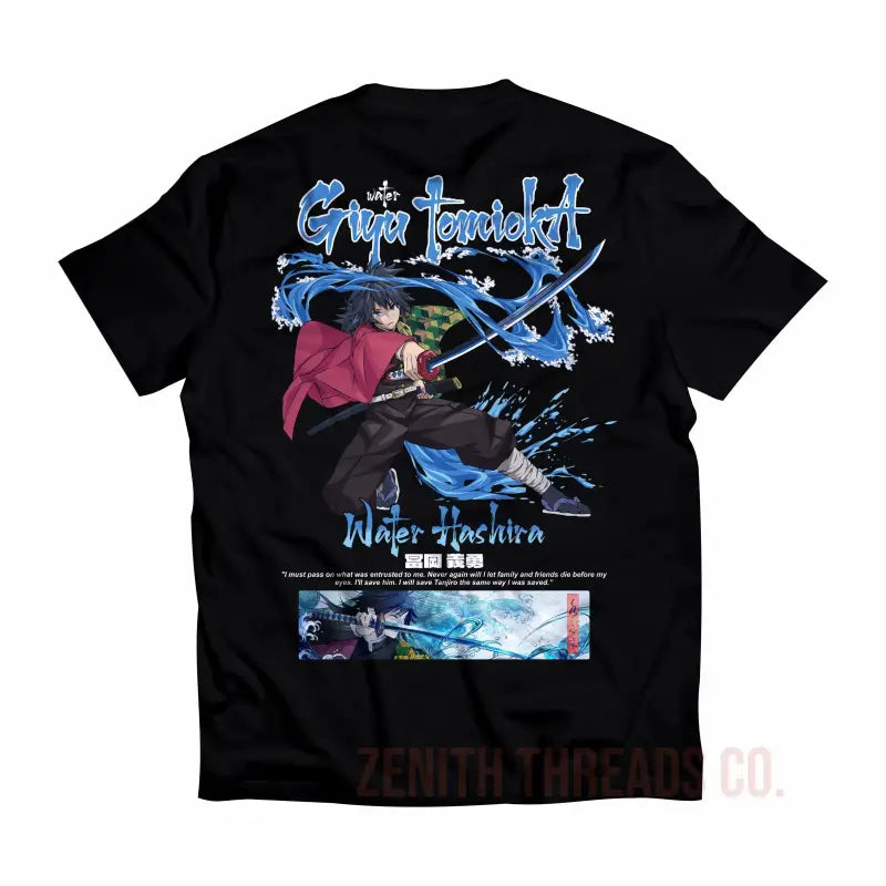 Black t-shirt featuring anime-style artwork with blue and pink accents and Japanese text.