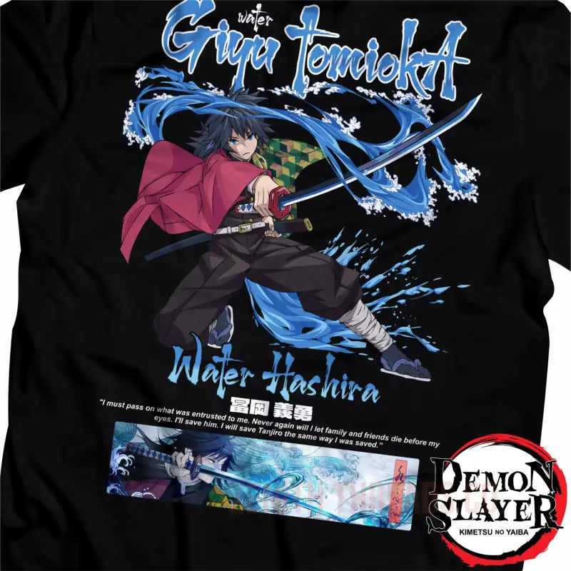 Black t-shirt featuring anime-style artwork of a character performing a water-based sword technique with blue special effects.