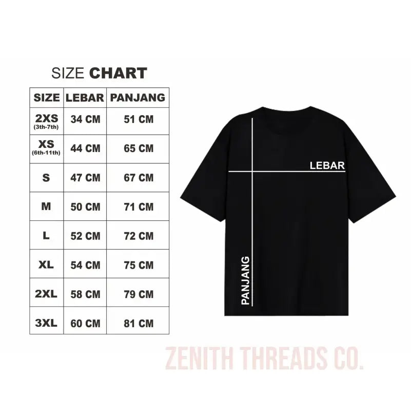 Black t-shirt with measurement dimensions and size chart.