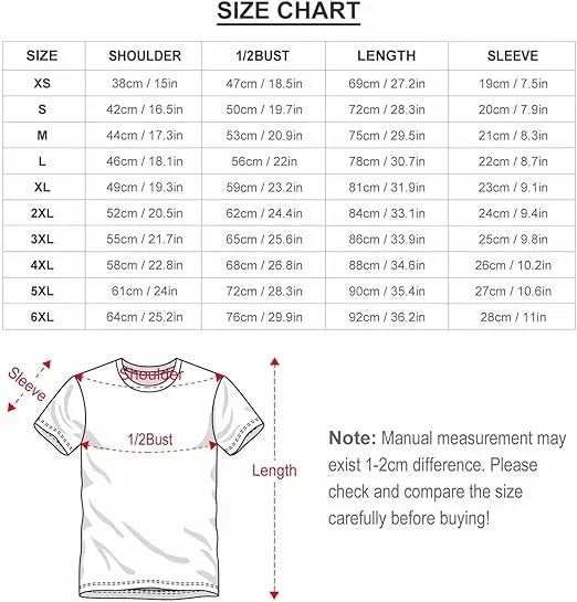 T-shirt size chart for Jujutsu Kaisen Anime graphic tee featuring Gojo Satoru